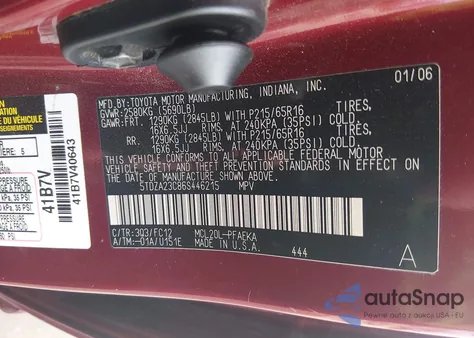 2006 Toyota Sienna Le z USA, uszkodzony, nr VIN 5TDZA23C86S446215